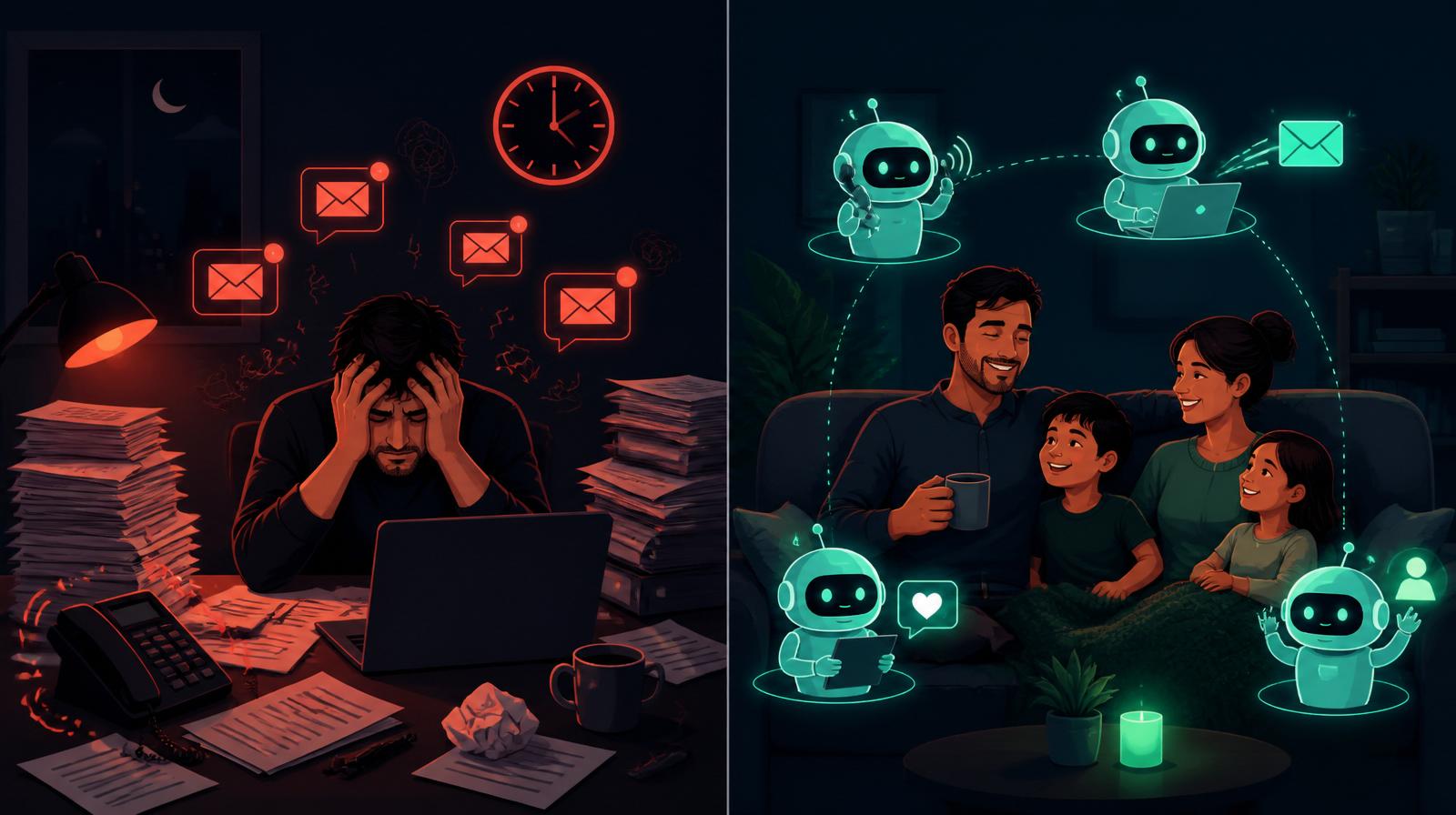 Left: overwhelmed business owner. Right: relaxed with family while AI workers handle the work.