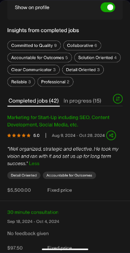 Verified reviews & completed jobs on Upwork