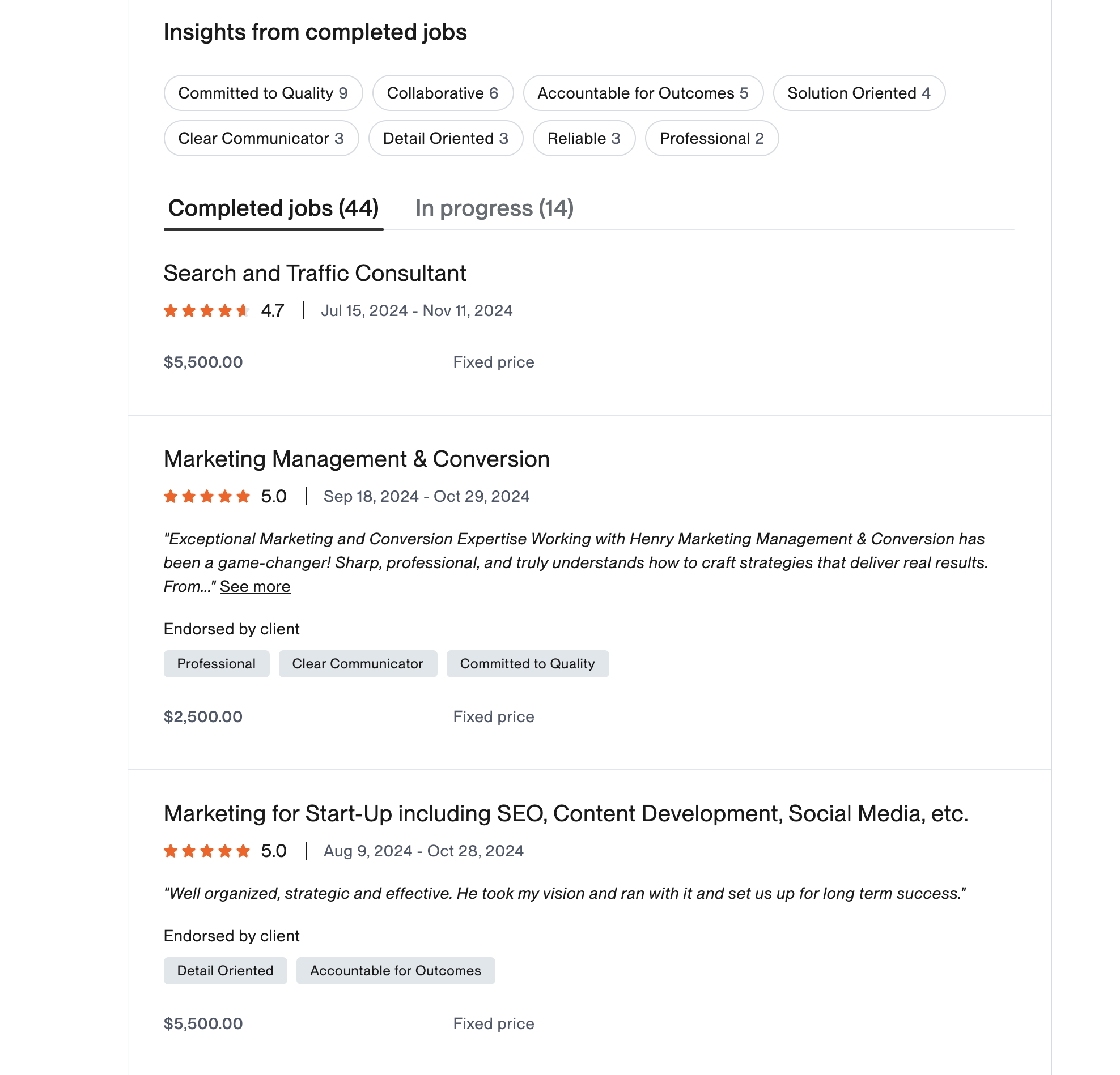 Upwork work history showing verified marketing client reviews