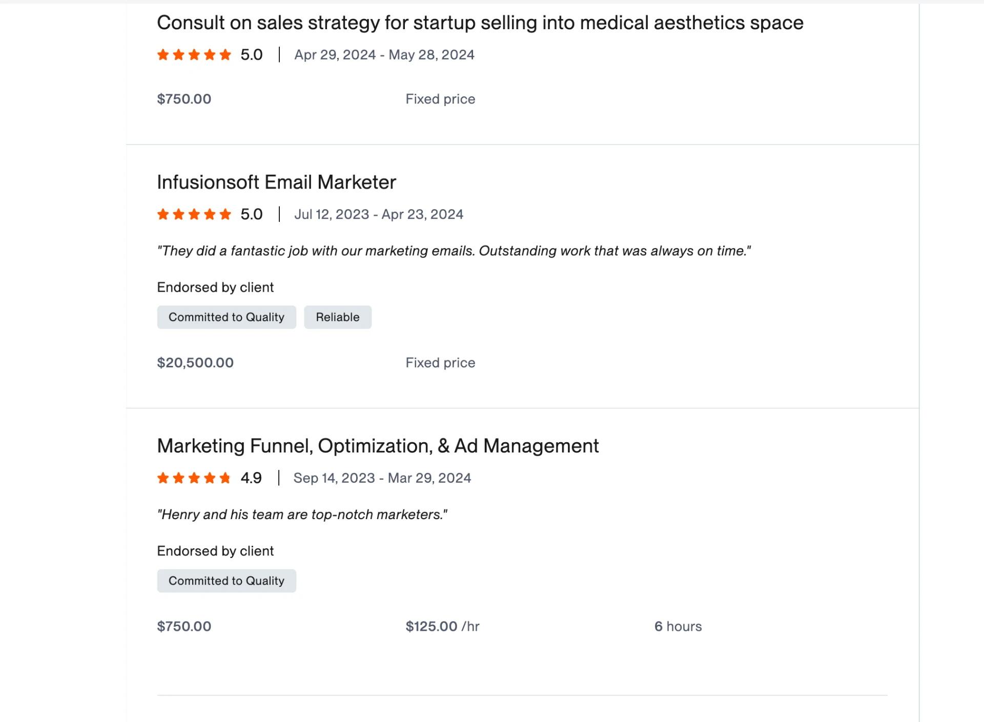 Verified Upwork client reviews, rated 5.0 across 42 reviews