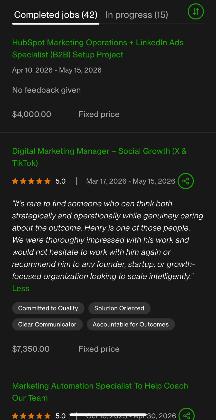 Completed jobs (42) · In progress (15)