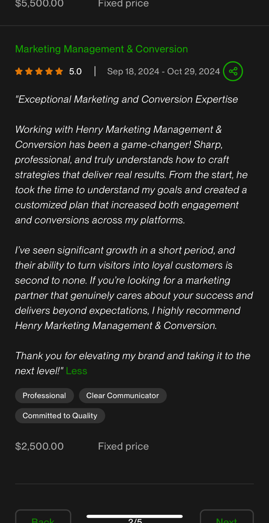 Marketing Management & Conversion · $2,500 · 5.0