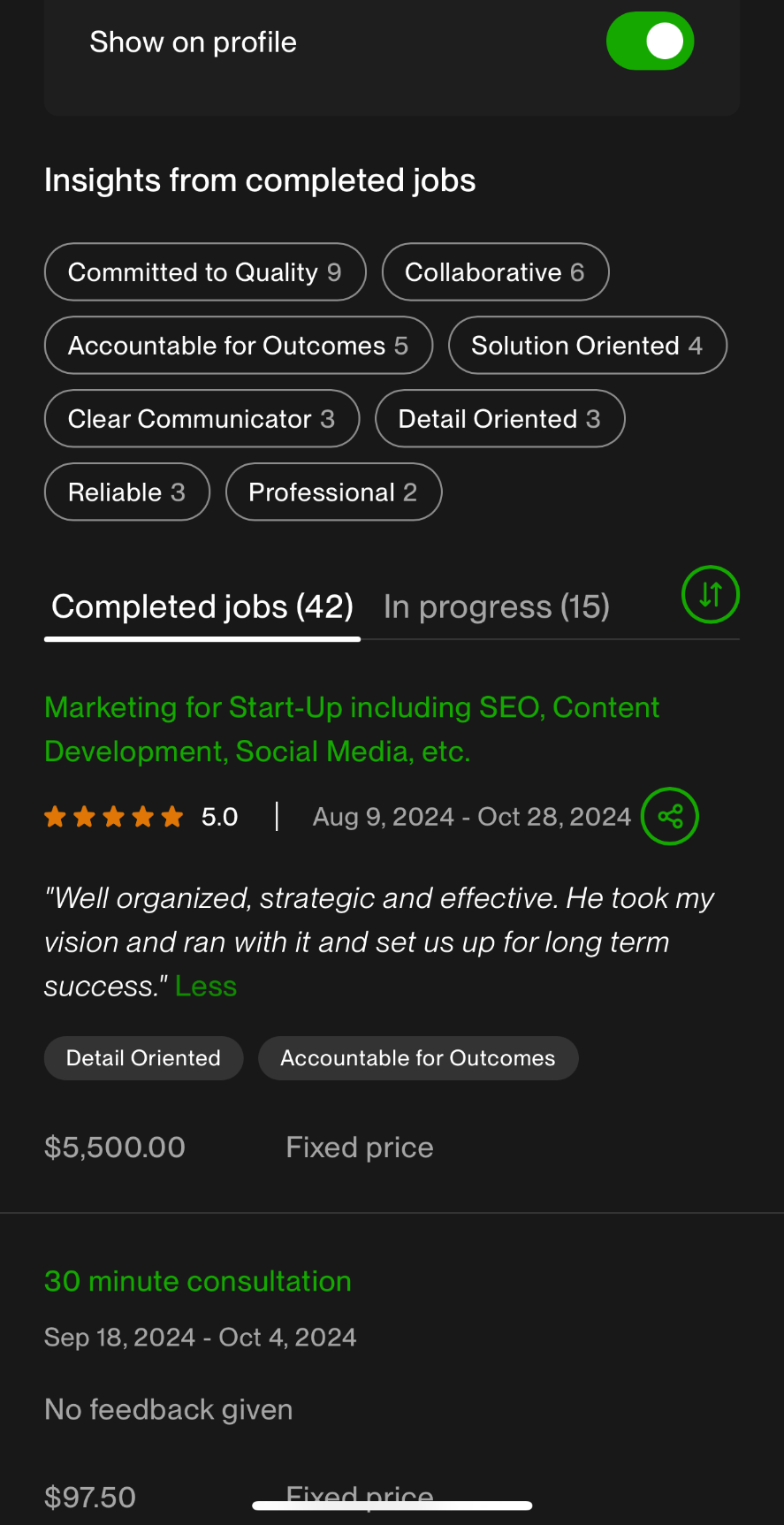 Profile overview · 42 completed jobs · client-endorsed traits